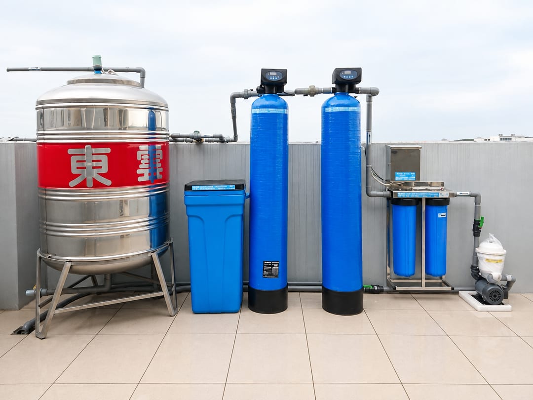 頂樓的全戶自動過濾軟化組：水塔、鹽桶、樹酯桶與雙道前置
